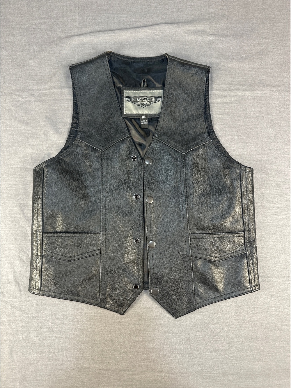 Dream Apparel Kids XL Black Genuine Leather Vest Snap Front Biker
